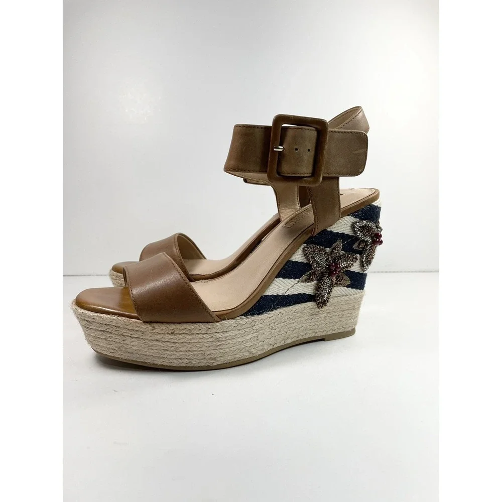 Antonio Melani Espadrille Platform Heels Tan Leather embellished Heel Size 6M